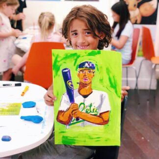 young artist with baseball player painting