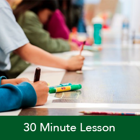 30 minute lesson graphic with students hands, markers and table