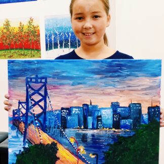 art student with painting with bay bridge artwork