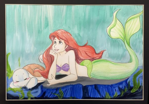 watercolor painting of mermaid and turtle