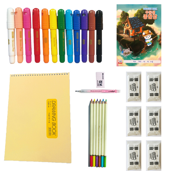 Deluxe art kit contents with clay, pencil, glass or water pastel, pencils, sketchbook