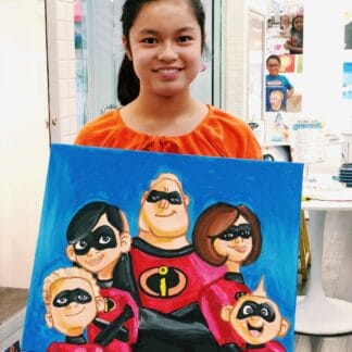 image of student holding painting of the incredibles