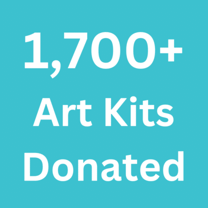 blue square with text that says 1700+ art kits donated