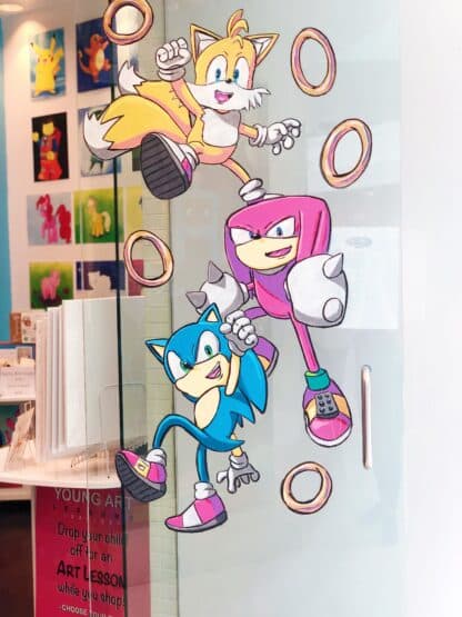 image of sonic characters draw on glass door