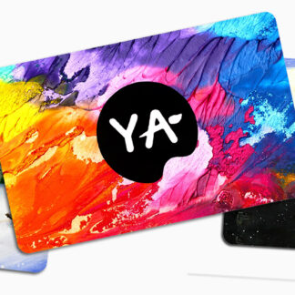 3 gift cards; different images: snowy trees, textured paint, Santa clause sleigh and reindeer. all with young art logo