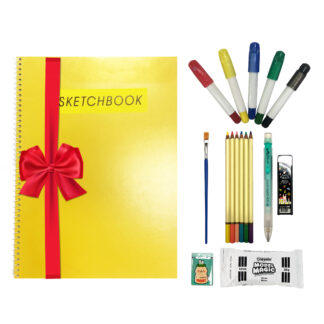 art kit with sketchbook, glass colors, pencils, clay kit