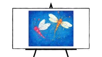 two colorful dragonflies on blue background