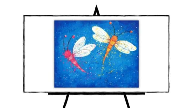 two colorful dragonflies on blue background