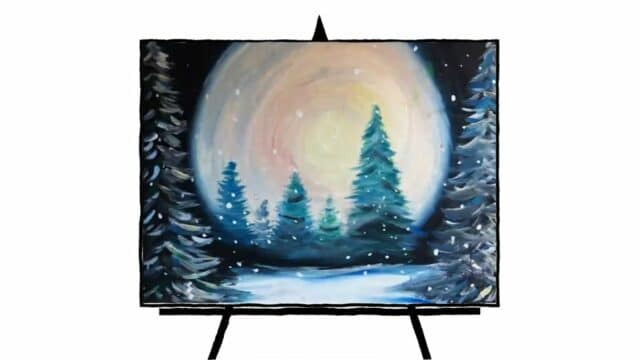 drawing of moonlight and snow covered evergreen trees