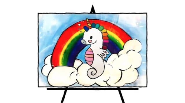 drawing of seahorse with unicorn horn on rainbow cloud, colorful