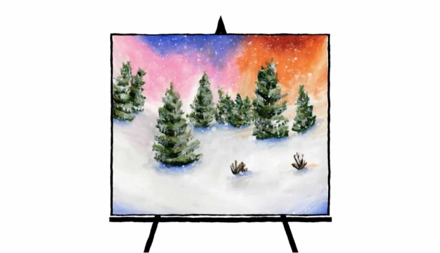 winter scene with snow covered trees on colorful background