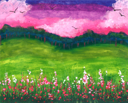 landscape green valley with purple and pink sunset sky filled with pink flowers and flying birds