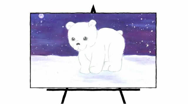 painting of a white baby polar bear with purple and blue background on ice