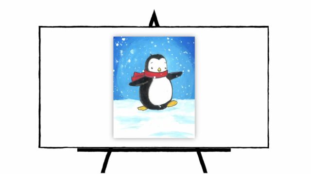 Baby Penguin with red scarf in white snow and blue background