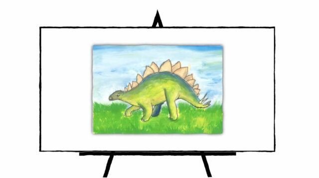 Green Stegosaurus on green grass with blue sky