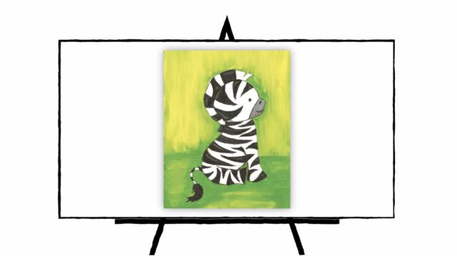 Baby Zebra with black stripes sitting down with green background