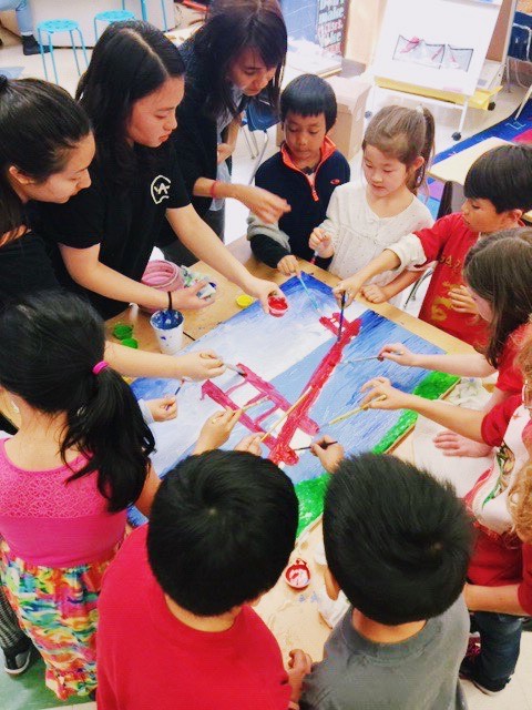 kids and a teacher standing around a canvas painting of the golden gate bridge