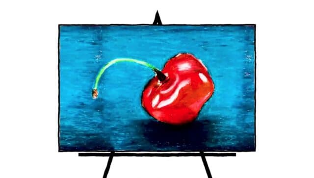 painting of a red cherry with a blueish and black background, green stem