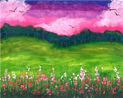 pink sky with green meadows and pink flowers