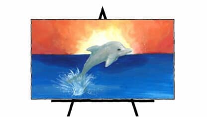 painting of dolphin jumping in water and sunset in background