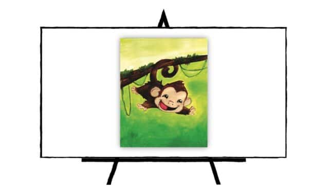 cute brown baby monkey hanging from branch painting with green background