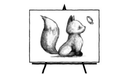 black and white sketch of a baby fox