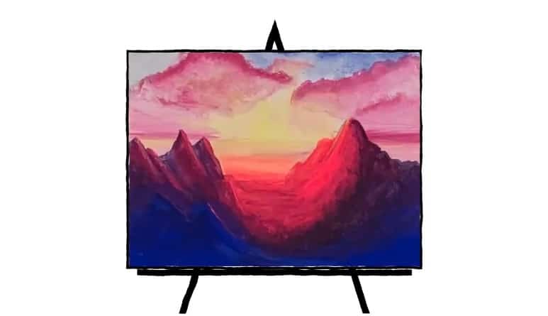 painting of mountains at dawn with blue and pink sky