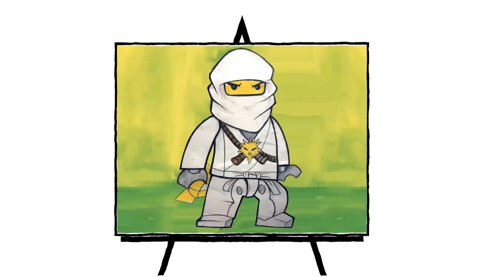 colored drawing of lego ninjago zane character with white top and grey bottom with yellow green background