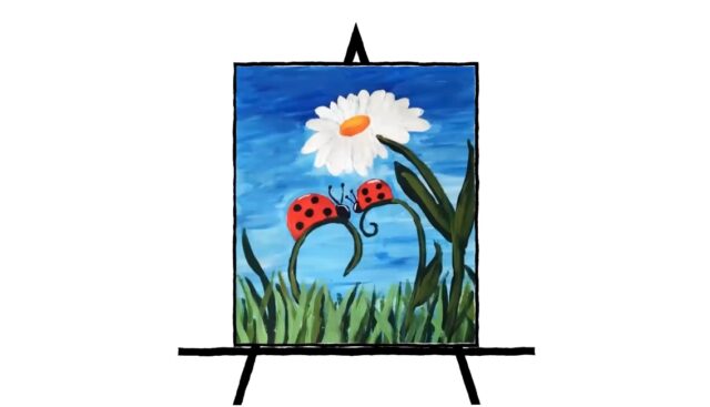 colorful painting of two ladybugs on blades of grass in a field with blue sky background and a white daisy flower