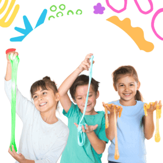 image of 3 kids stretching slime and smiling