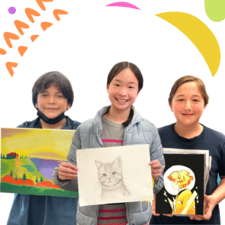 image if 3 students holding their art. from left to right: boy holding landscape painting, girl holding a cat sketch, girl holding an anime drawing