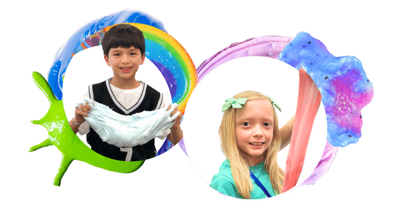 image of a boy and a girl stretching slime with slime frames around them