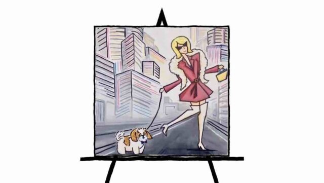 painting of a girl holding a dog walking in the city