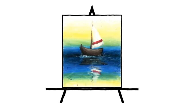 drawing of sailboat with white and red sail on blue water