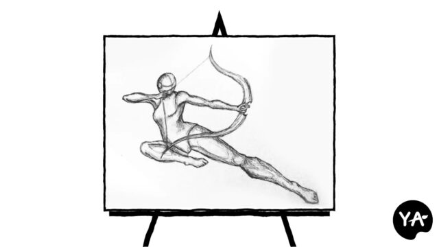 black and white pencil sketch of archer pose figure