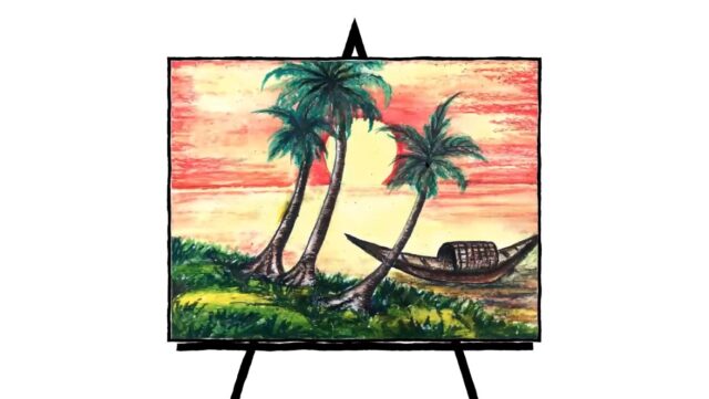 sunset painting with yellow, orange skies and green grass with palm trees and boat