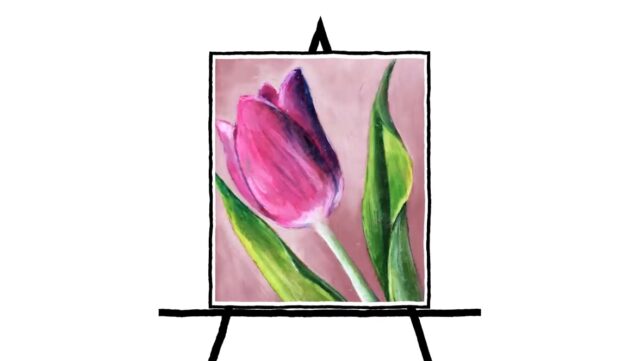 pink tulip pastel drawing with green leaves