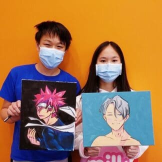 2 students holding paintings of anime characters