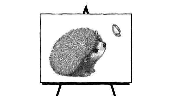 black and white pencil sketch of hedgehog