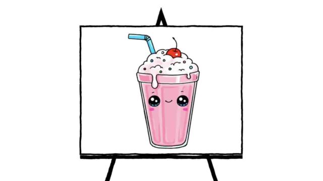 image of cup with eyes and milkshake with cherry on top and blue straw