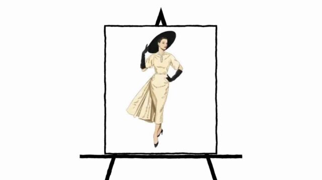 tan or yellow sketch of vintage dress on woman holding black hat