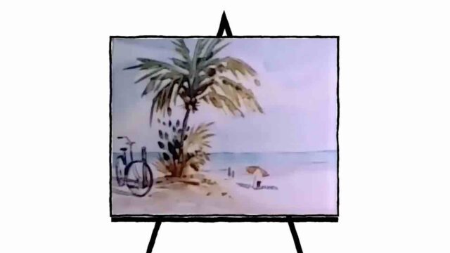 watercolor painting of beach scene