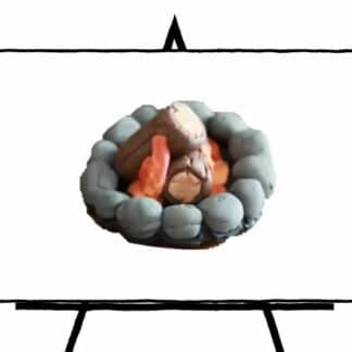 3d sculpture of camp fire with clay in grey rocks and orange fire with brown logs