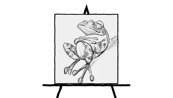 black and white pencil sketch of a frog