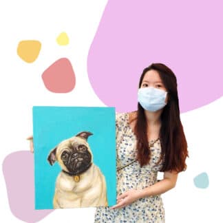 image of woman holding painting of pug