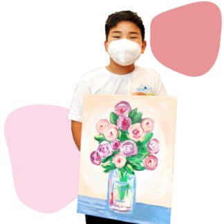 Image of a boy showing his flowers in a vase paint