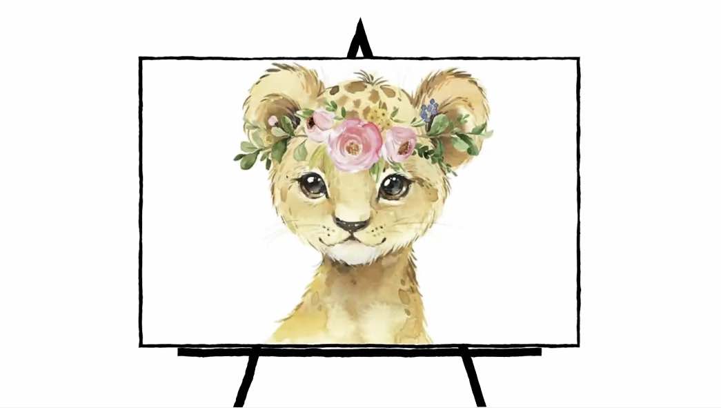 pastel painting of flower crowned lion cub