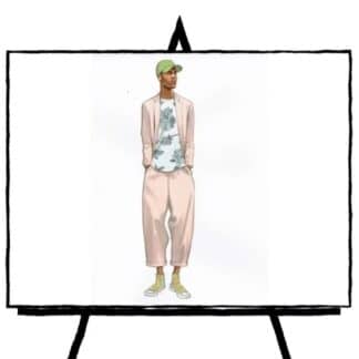 color fashion sketch of male model with green hat and light suit