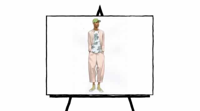 color fashion sketch of male model with green hat and light suit