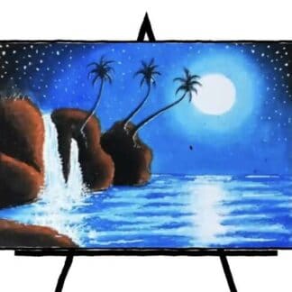 image of moonlit waterfall in pastel painting lots of blues and browns and black three palm tree shadow
